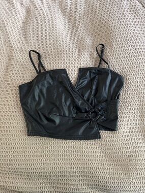 Blue Blush Black Faux Leather Ring-Detail Cropped Camisole